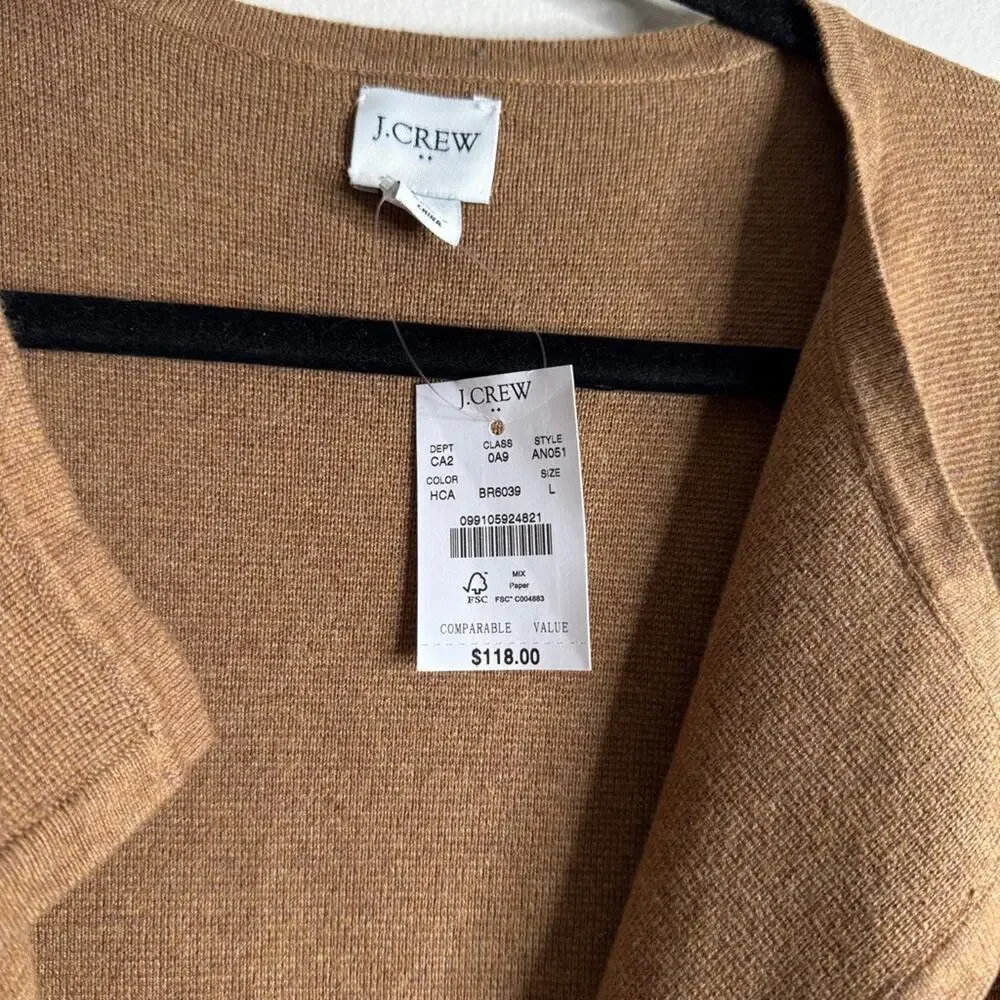 J.Crew Cardigan Sweater Open Front Longline Blazer Tan Size L